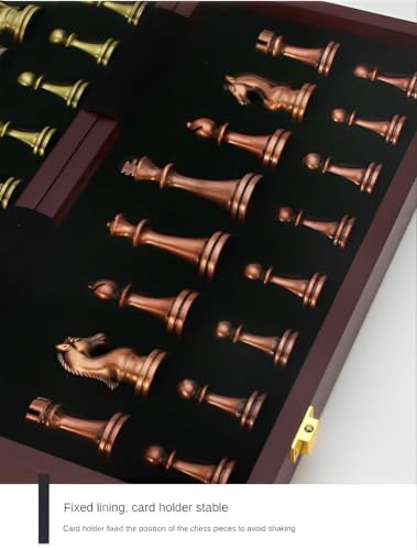 Image of 15.35'' Premium Retro Metal International Chess Board Set Vintage Brass Chess Pieces Wooden Checker Board Portable Folding Travel Chess Gift Box for Beginners and Professional Players