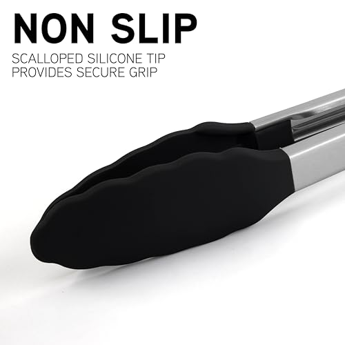 COOK WITH COLOR Set of Three Food Tongs - 8”, 10”, and 13” Stainless Steel BBQ Tongs with Silicone Tips for Non-Stick Cookware, Locking Mechanism (Black) - Image 3