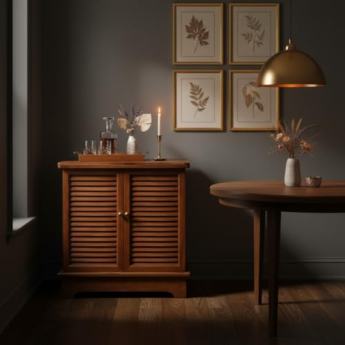 Image of APRODZ Mango Wood Downer Bar Cabinet with Wine Glass Storage for Living Room, Standard Brwon Finish