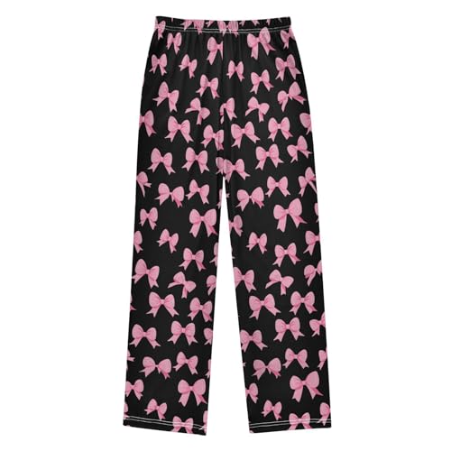 Pajama Pants Sleep Pants Soft Elastic Waist Pajama Lounge Pants Pink Bow Black Background for 6-14 Years Old2
