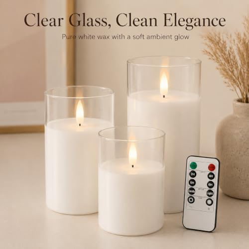 Image of Pure White Glass Flameless Candles with Remote, Set of 3 | Clear Glass, Pure White Wax, 2 /4 /6 /8H Timer, Battery Operated LED Pillar Candles, Wedding Home Decor