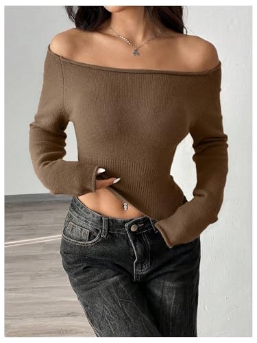 Image of GORGLITTER Women's Off The Shoulder Rib Knit Crop Sweater Raglan Sleeve Slim Pullover Tops Chocolate Brown Large