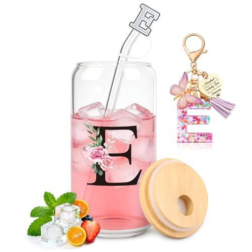TUZELIYA E Personalisierte Geschenke mit Buchstaben – Glasbecher mit Deckel & Strohhalm + Schlüsselanhänger Buchstabe, Geschenk für Frauen & Mädchen, Geburtstag, Valentinstag & Weihnachten