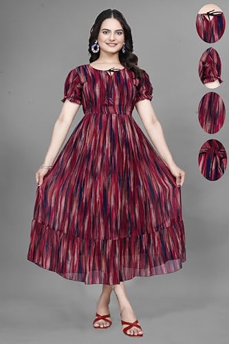 Image of Women Gown with Abstract Print | Georgette One Piece Dress with Puff Sleeves | Round Neck Tiered Midi Frock for Women | Ladies Western Maxi Dress
