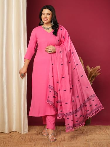 Image of GoSriKi Women's Rayon Blend Solid Straight Kurta with Pant & Dupatta