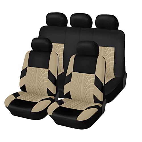 Car Seat Covers Full Set, Polyester Front Bucket Seat Protectors With Split Bench Back Seat Covers, Breathable Thicken Premium Sporty Seat Cushions, Auto Accessories For Car, Suv (Beige/Front,Back) #TOP24