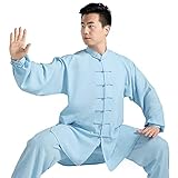 Jiu Bu Tai Chi Uniformen - Unisex LangäRmelig Hemd Hose, Kung Fu Clothing Training Uniform, FrüHling Herbst Baumwolle & Leinen Freizeit Qigong-Kleidung (Bringt einen Fan) Blue-M