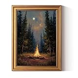 ARPEOTCY Gold Framed Canvas Wall Art, 12x16 Inch Forest Campfire Night Scene Print, Rustic Cabin Lodge Decor for Living Room or Bedroom