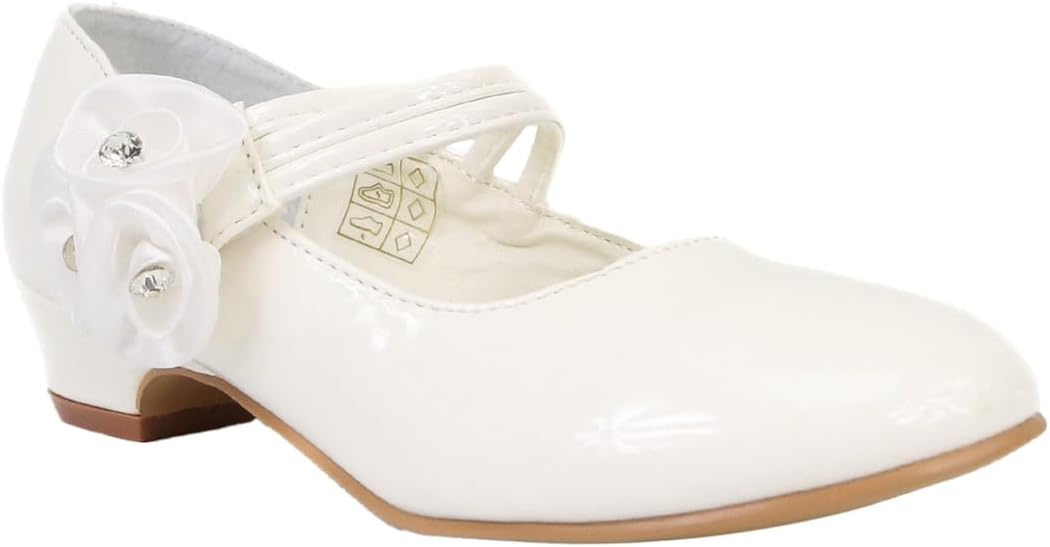 Girls Patent Dress Shoes Low-Heel with Floral Embellish - Ideal for Weddings & Communions