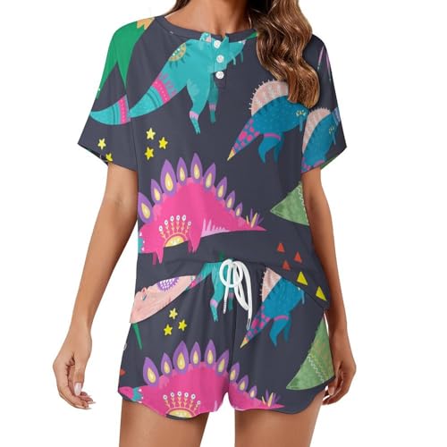 Pyjama femme manches courtes vêtement de nuit été sleepwear dinosaure coloré short