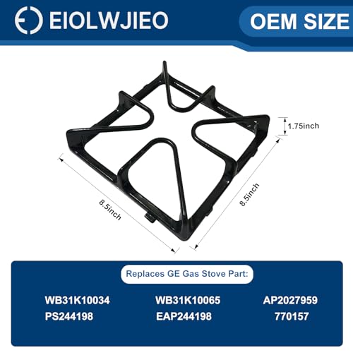 Upgraded WB31K10034 Stove Burner Grate Replacement Parts for GE, Comes with Grate Rubber Feets Compatible with GE Gas Range Stove, 8.5\"×8.5\" GE Stove Surface Top Porcelain Cast Iron Grate - 4 Pcs