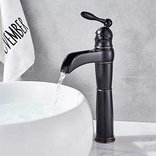 Grifo de fregadero de cocina de latón antiguo con boquilla de cascada de una sola manija, grifo mezclador caliente y frío para fregadero de baño