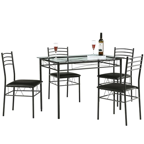 VECELO Kitchen Dining Table and Chairs Set for 4, Padded Seat & Glasses Tabletop, Space Saving,...