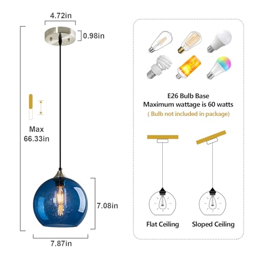 Image of Blue Glass Pendant Lights Kitchen Island Lighting Globe Pendant Light Fixtures Modern Pendant Lighting for Kitchen Island Bedroom Living Dining Room Light Fixture(7.87in, 2-Pack)