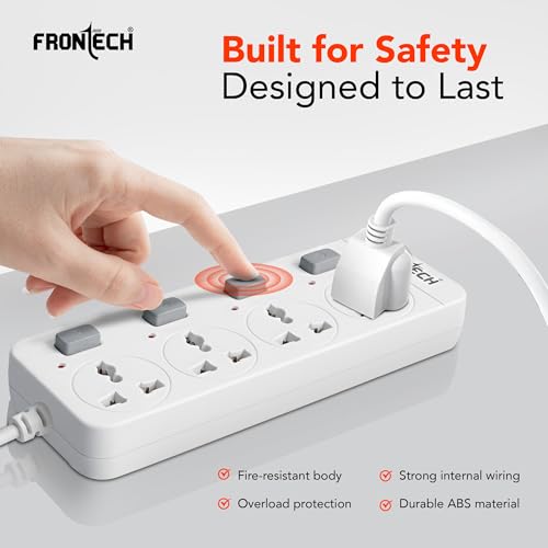 Image of Frontech 4-Way Power Extension Socket | 2000W Heavy-Duty Power Strip | Individual Switches with LED Indicators | Universal Sockets | 3M Copper Cable | Fire-Resistant Body | 1 Year Warranty (FT-3565)