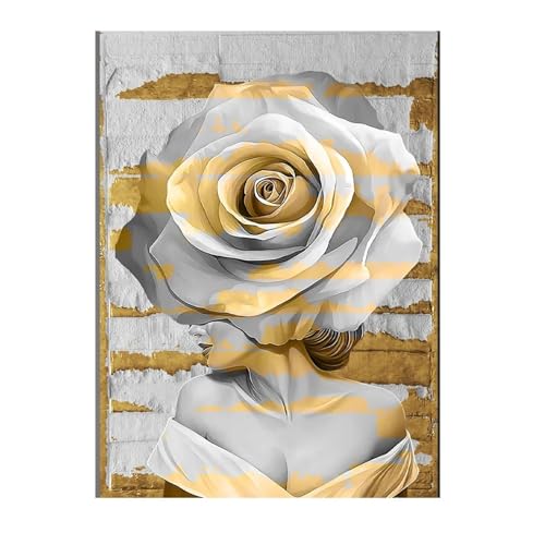 Décoration murale fleurs design chic grande toile salon 80 x 110 cm dorée