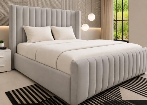 Image of Bed Craft Plush Velvet Winged Bed Frame - Ottoman Gas Lift Storage & Mattress Are Optional - UK Made (Silver Plush, Double 4ft6 Bed Frame)