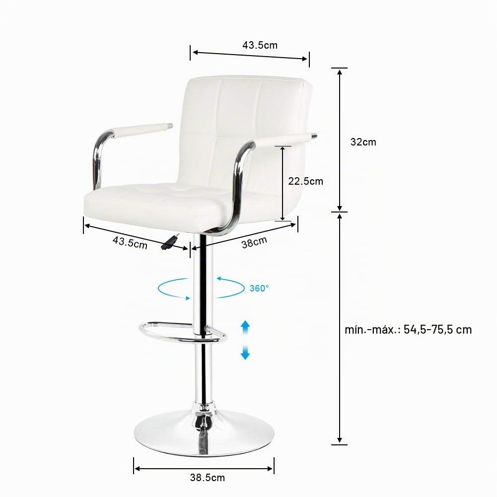 Pack de 2 Taburetes de Bar Tapizado con Reposabrazos,Taburetes Altos de Cocina Moderno con Respaldo y Reposapiés, Sillas de Bar Altura Regulable, Piel Sintética y Metal (Blanco), 43,5×38×87 cm