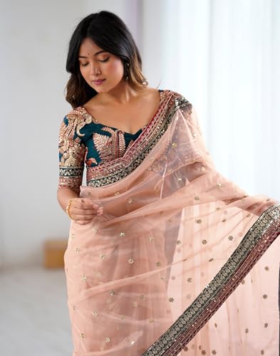 Image of SIRIL Women's Net Sequence Embroidered Saree With Unstitched Blouse