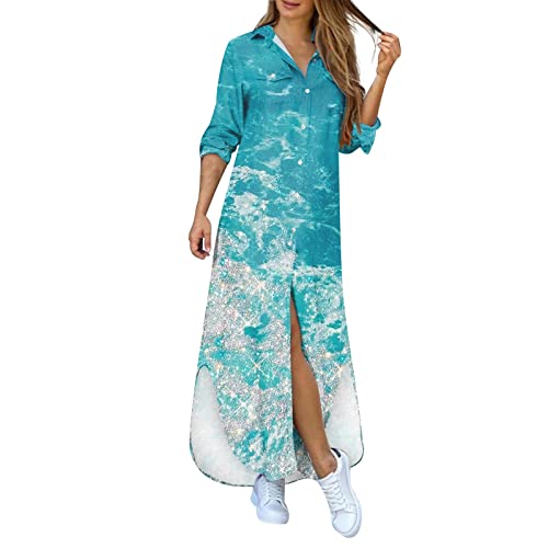 Cotecram Summer Dresses For Women 2023 Maxi Dresses Trendy Casual Long Sleeve Boho Button Down Shirt Dresses Beach Sun Dress For Women Plus Size Cover Up Sexy Loose Long Dress(04A Sky Blue,X-Large) #TOP6