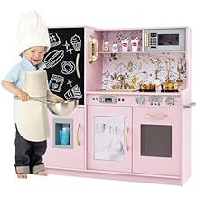 Play Kitchen, Wooden Kids Pretend Cooking Toy with Microwave, Fridge, Easy Bake Oven, Chalkboard&Ice Maker, Kids Kitchen Playset Toys for Girls & Boys Ages 3+ Light Pink