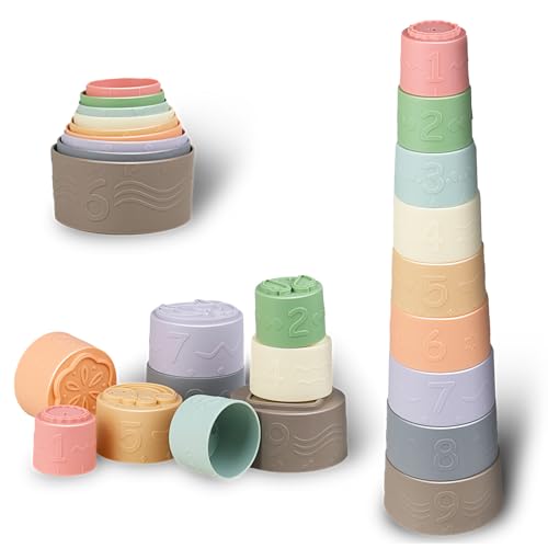 Baby Teething Toys Soft Silicone Teether Infants Sensory Montessori Stacking Cups Beach Sand Bath Toys - Gifts for Newborn Babies 0 3 6 12 18 Months -Toddler Travel Toy for Boys Girls 1 One Year Old