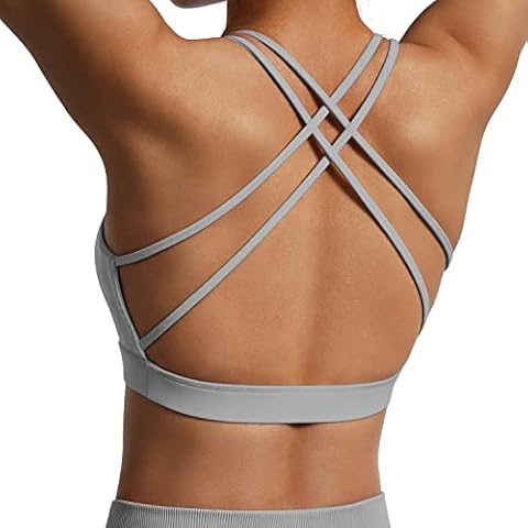 RUUHEE Women Workout Sports Bra Strappy Criss Cross Back Padded Yoga Crop Top(Small,Light Gray-7) Cover