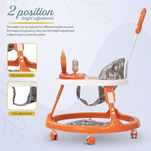 Image of Baybee Minto 2-in-1 Baby Walker for Kids with Push Handle, 2-Level Height Adjustment, Footmat & Musical Toy Bar | Activity Push Walker for Babies 6-18 Months (Orange)