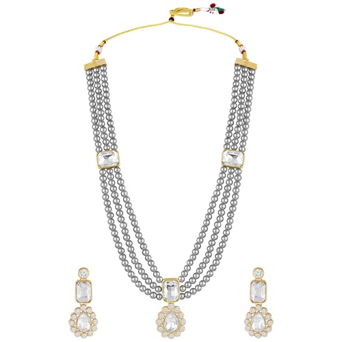 Image of Peora Crystal Faux Pearl Kundan Necklace & Jewellery Set Gift for Women