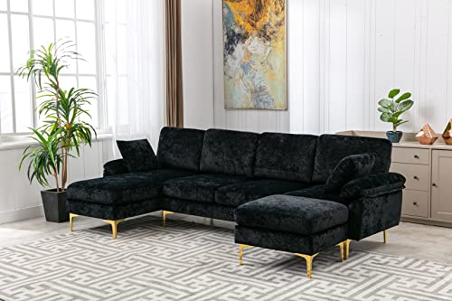 UBGO L/U-Shaped, Velvet Upholstered Sofa, Combination Footrest, Convertible Left and Right Side Loungers for Living Room, Apartment, Black B