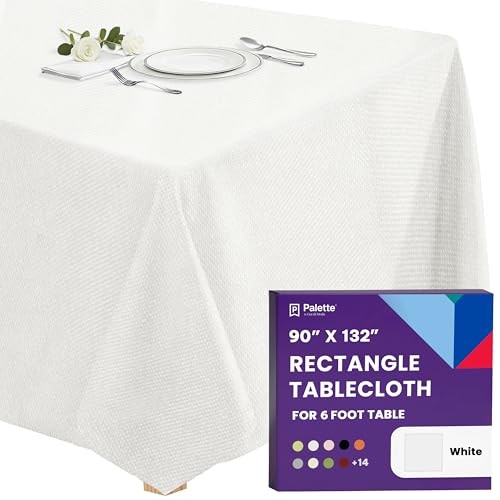Image of Gee Di Moda Rectangle Tablecloth - 90 x 132 Inch White Table Cloth for 6 Foot Tables with Floor-Length Drop - Heavy Duty Washable Fabric for Holiday Party, Dinner, Weddings & Baby Shower