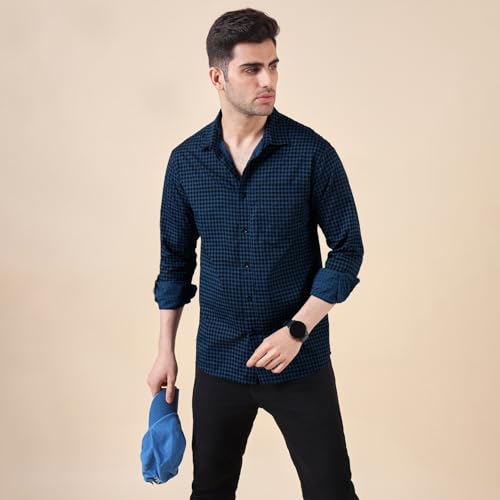 Image of Urban Scottish Men's Regular Fit Cotton Printed Shirt, Long Sleeve Button Down Collared, Soft Breathable Fabric, Stylish Everyday Wear Casual Shirt for Mens - Red & Navy