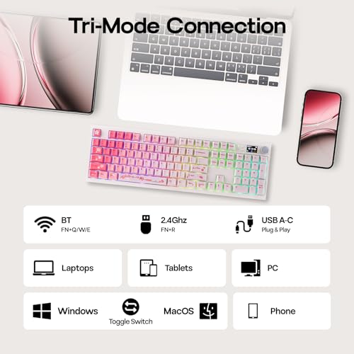 Image of EPOMAKER QK108 Full Size Mechanical Keyboard with Screen & Knob, 8000mAh, Creamy&Thocky, Gasket, RGB Backlit, Mac Keycap, Wireless Gaming Keyboard for Mac /Win (Pink, Creamy Jade)