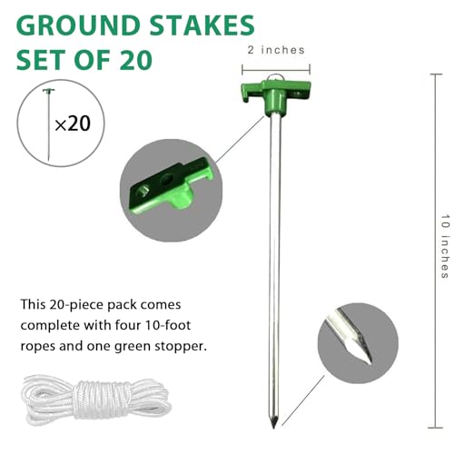 Image of Eurmax USA 20-Pack Secure Protection Galvanized Tent Stakes,Rust-Proof Steel Canopy Anchors for High Winds,Heavy Duty Commercial Ground Pegs for Camping,Pop Up Tents&Gazebos - Includes 4x10ft Ropes