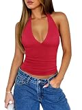 REORIA Womens Halter Tank Tops Double Lined Basic Cami Shirts Sexy Backless Y2K Trendy Going Out Tops, Red Small