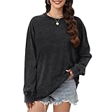 Wrenpies Oversized Long Sleeve Shirts for Women Acid Wash Tshirts Loose Fit Vintage Casual Basic Baggy Cozy Crewneck Tops(Black,L)