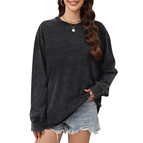 Wrenpies Oversized Long Sleeve Shirts for Women Acid Wash Tshirts Loose Fit Vintage Casual Basic Baggy Cozy Crewneck Tops(Black,L)