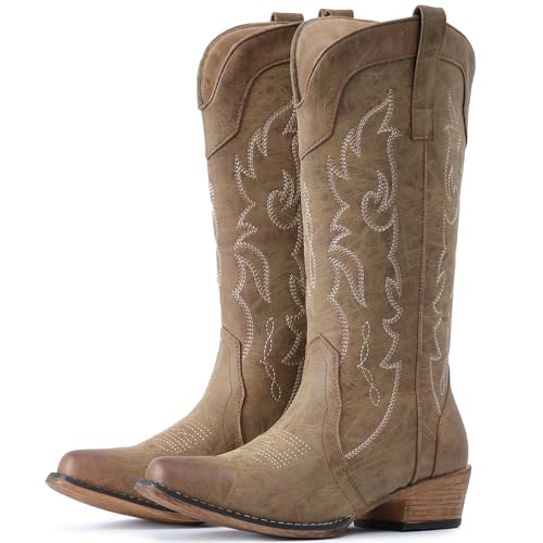 IUV Cowboy Boots for Women Mid Calf Fashion Cowgirl Boots with Embroidery Western Snip Toe