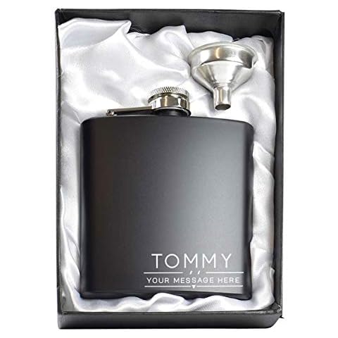 Personalised Stainless Steel 6oz Hip Flasks in a White Lined Satin Gift Box + Funnel (Design 2) Cover