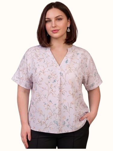 Image of SINDOORI Relaxed Fit Tops for Women Plus Size Solid Printed Mandarin Collar, Band Collar, V-Neck Top, Half Sleeve Loose Fit