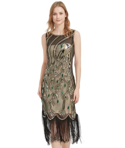1920s Vintage Peacock Sequin Flapper Dress With Accessories Set - Great Gatsby Costume (Black/Green, Small) - View #8