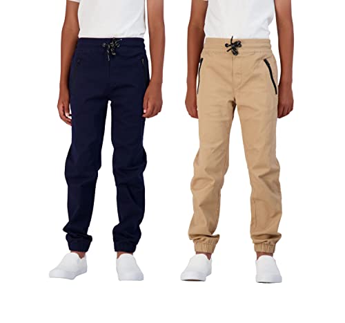 Tony Hawk Boys 2-Pack Twill Jogger Pants With Zipper Pockets Pull On Pants For Kids (Navy-Beige, 14-16) #TOP1
