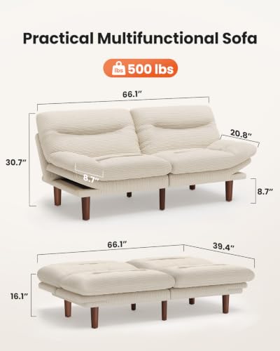 Image of Amada 66 inch Convertible Futon Sofa Bed, Corduroy Folding Futon Set with Adjustable Backrest &Armrests, Recliner Lounge for Living Room, Apartment or Office, Solid Wood Frame, Loveseat Sofa - White