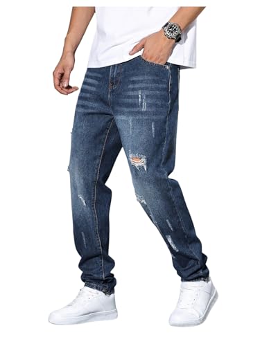 Verdusa Men's Vintage Distressed Ripped Jeans Straight Leg Denim Pants with Pockets Medium Blue XX-Large