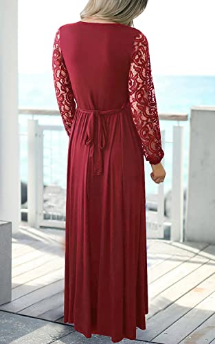 Women's Vintage Lace Long Sleeve Wrap V Neck Evening Party Maxi Dress Wine Red Xl #TOP2