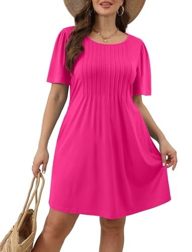 Image of Sampeel Womens Pleated Front Summer Dresses Casual Short Sleeve T Shirts Dress with Pockets Vacation Beach Cover UP