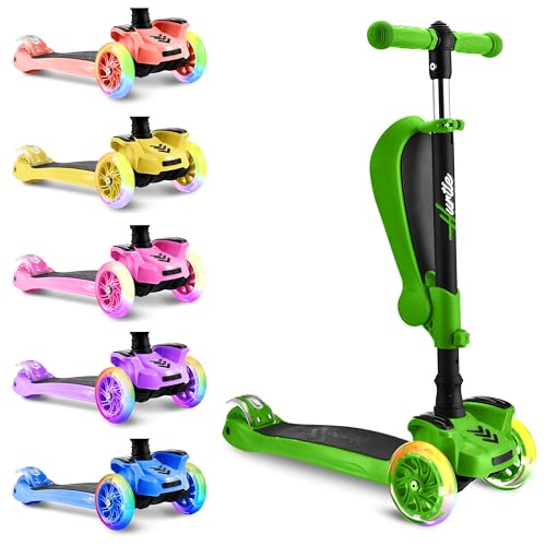 Image of Hurtle 3-Wheeled Scooter for Kids - Wheel LED Lights, Adjustable Lean-to-Steer Handlebar, and Foldable Seat - Sit or Stand Ride with Brake for Boys and Girls Ages 1-14 Years Old