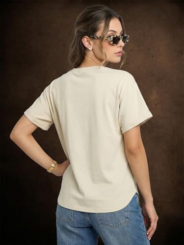 Image of JUNEBERRY Pure 100% Cotton Oversized Loose Fit Drop Shoulder Round Neck Boyfriend Fit Solid Half Sleeves T-Shirt for Women & Girls (Sizes: S to 2XL)