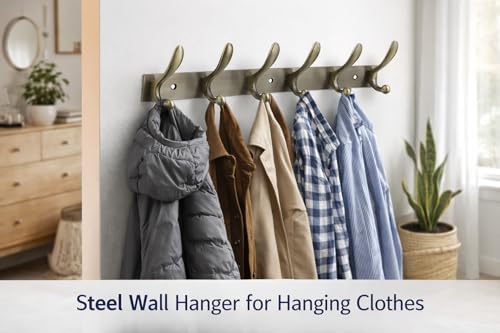Image of Exclusive Extra Long 40 cm Antique Brass 6 Pin Metal Bathroom Cloth Hooks Hanger Door Wall Robe Hooks Rail for Hanging Keys,Clothes,Towel (2, Antique)