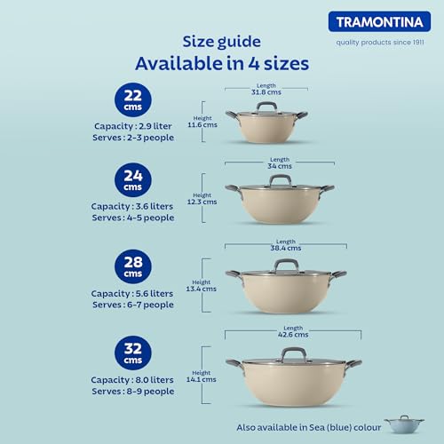 Image of Tramontina Velo 32cm / 8.0L Forged with Ceramic Reinforced Interior Kadai | Tempered GlassLid | Kadhai for Curry Deep-Fry Stir-Fry | Silicone Grip Handles | Gas /Induction | Cook & Serve | Sand Beige